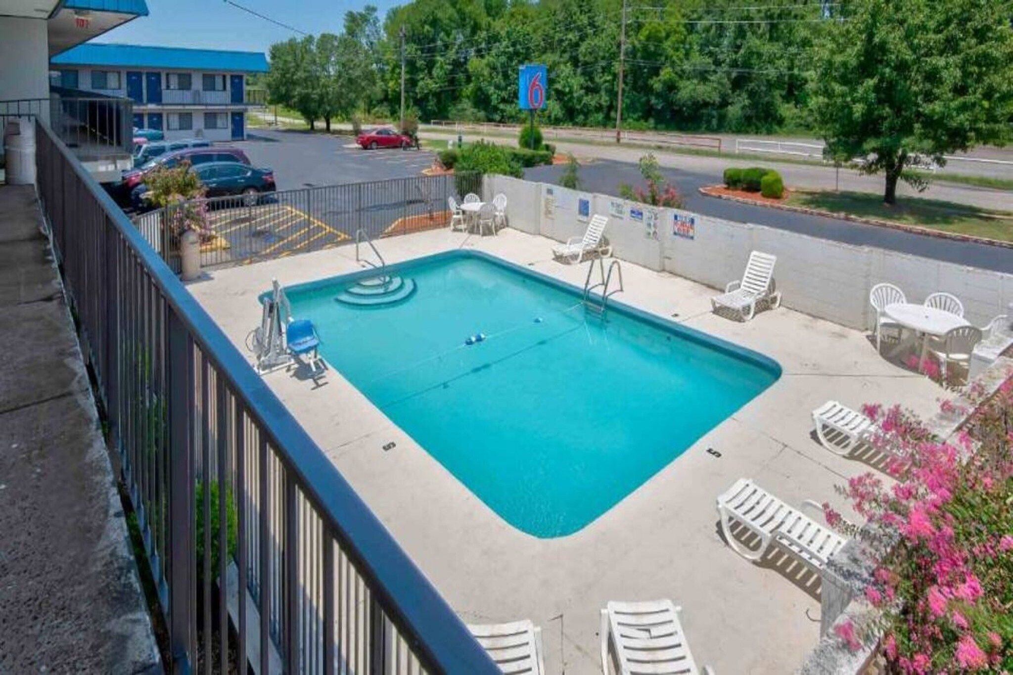 Ein rechteckiger Pool mit Sprungbrett und Liegestühlen.