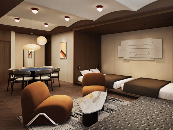 A modern hotel room with a bed, seating area, and a dining table. - illi Vau Hamamatsucho (Minato-ku)