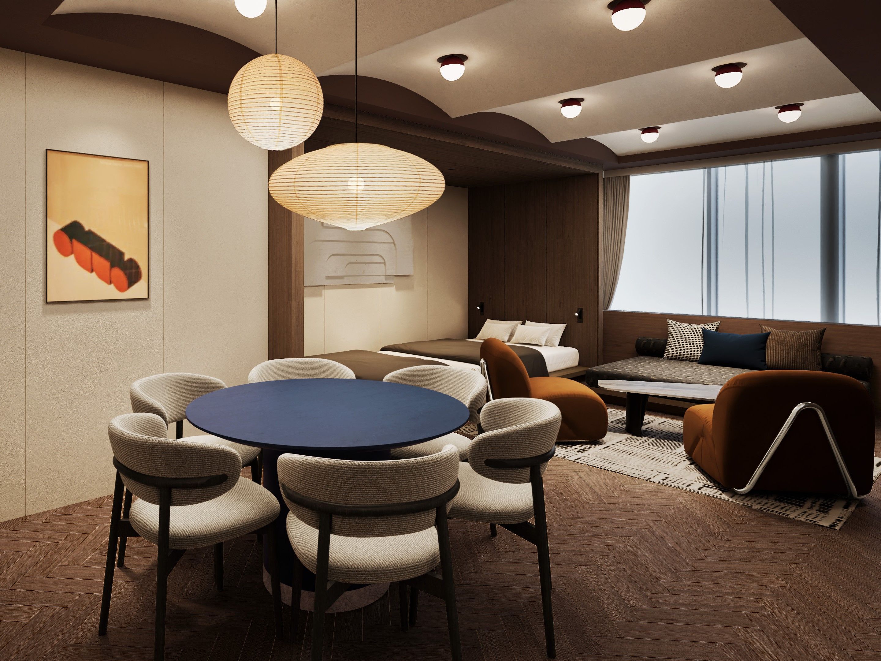 A modern hotel room with a round dining table, comfortable seating, a sofa, and a large window providing a view.