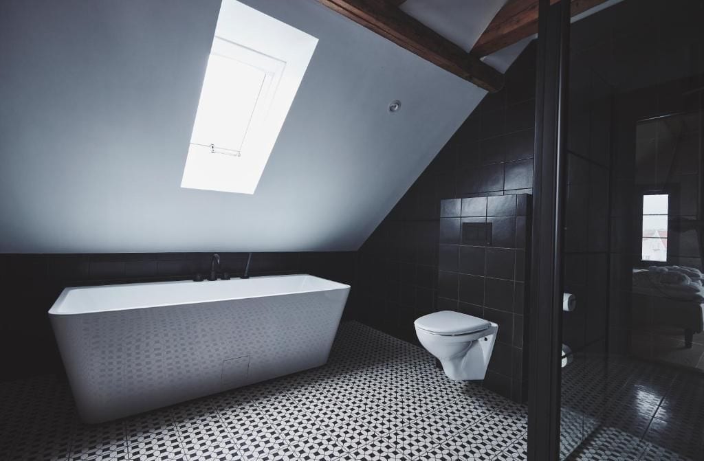 A modern bathroom with a freestanding bathtub, a toilet, and a skylight.