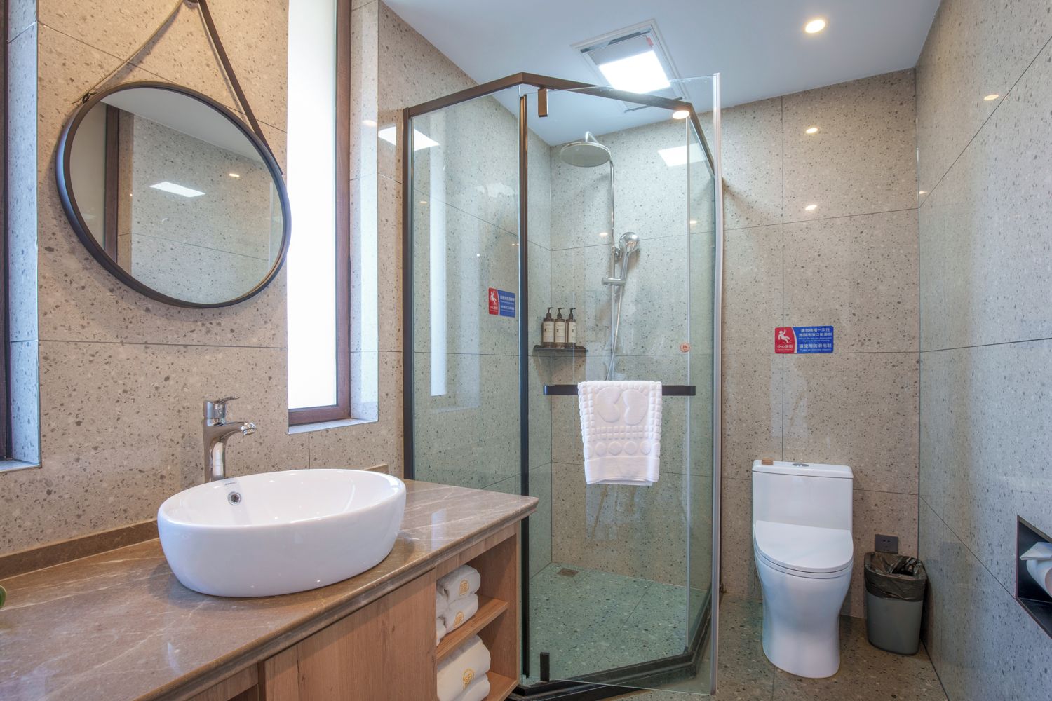 A modern bathroom with a glass-enclosed shower, a sink, a toilet, and a mirror.