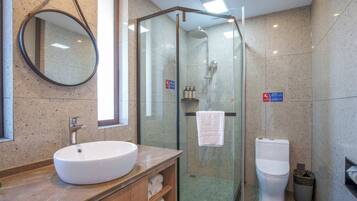 A modern bathroom with a glass-enclosed shower, a sink, a toilet, and a mirror.