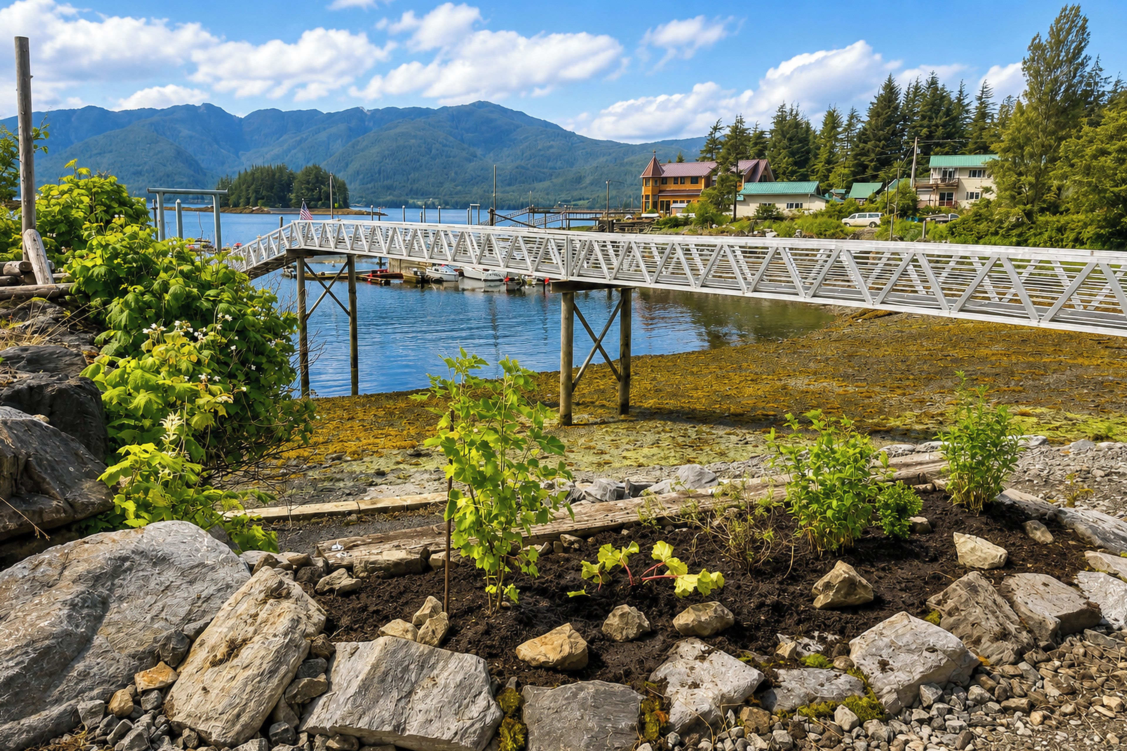A bridge over water with mountains in the background and a building with a green roof.