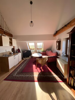 A spacious loft with a kitchen, dining area, and seating space. - Apartment 'Ferienwohnung in Upflamör' with Shared Garden, Balcony and Wi-Fi (Zwiefalten)