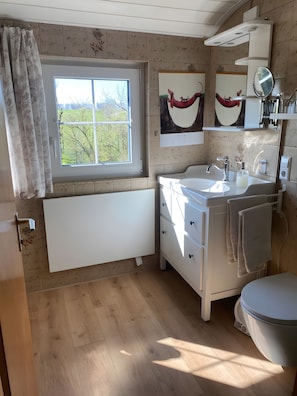 A bathroom with a window, a sink, a toilet, and a mirror. - Apartment 'Ferienwohnung in Upflamör' with Shared Garden, Balcony and Wi-Fi (Zwiefalten)