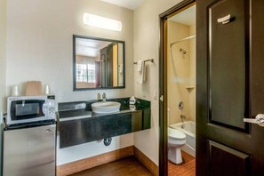 Un baño con lavamanos, espejo, inodoro, ducha y microondas.