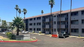 A multi-story building with a parking lot, surrounded by palm trees. - 1 King Bed | Non-Smoking, Micfridge (Tempe)