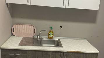 A kitchen with a sink, a pink mat, and a bottle of dish soap.