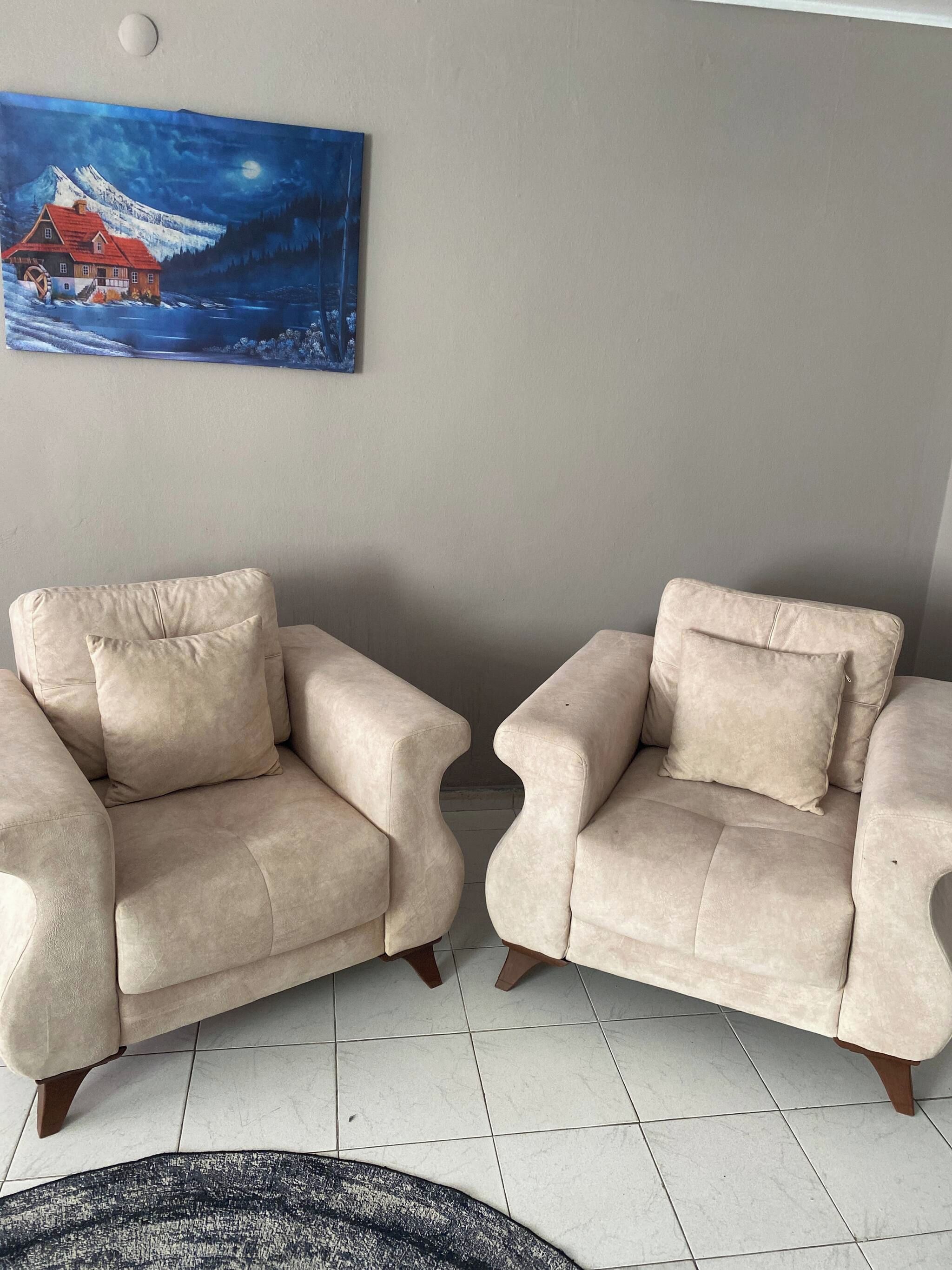 Dos sillones con cojines, un cuadro con paisaje de montaña y un suelo de baldosas.