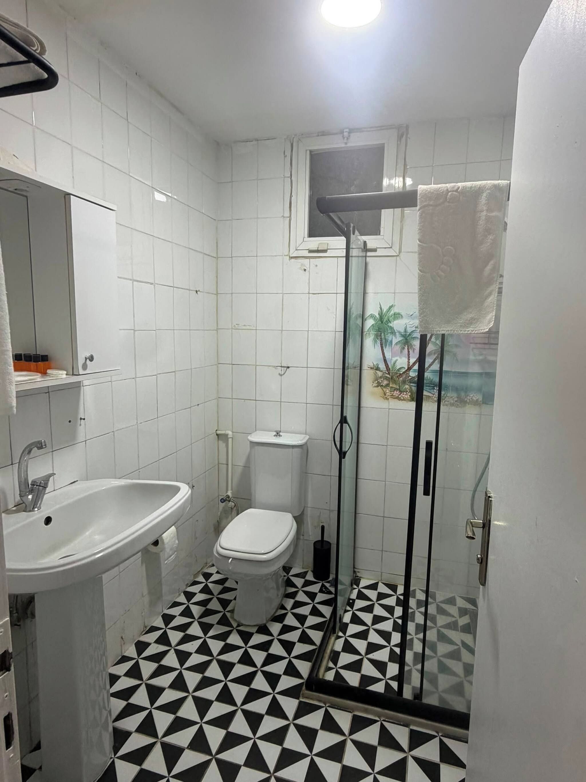 A bathroom with a white sink, toilet, and a shower with a glass door.