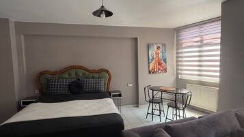 A bedroom with a bed, a sofa, a dining table with chairs, a ceiling light, and a window with blinds.