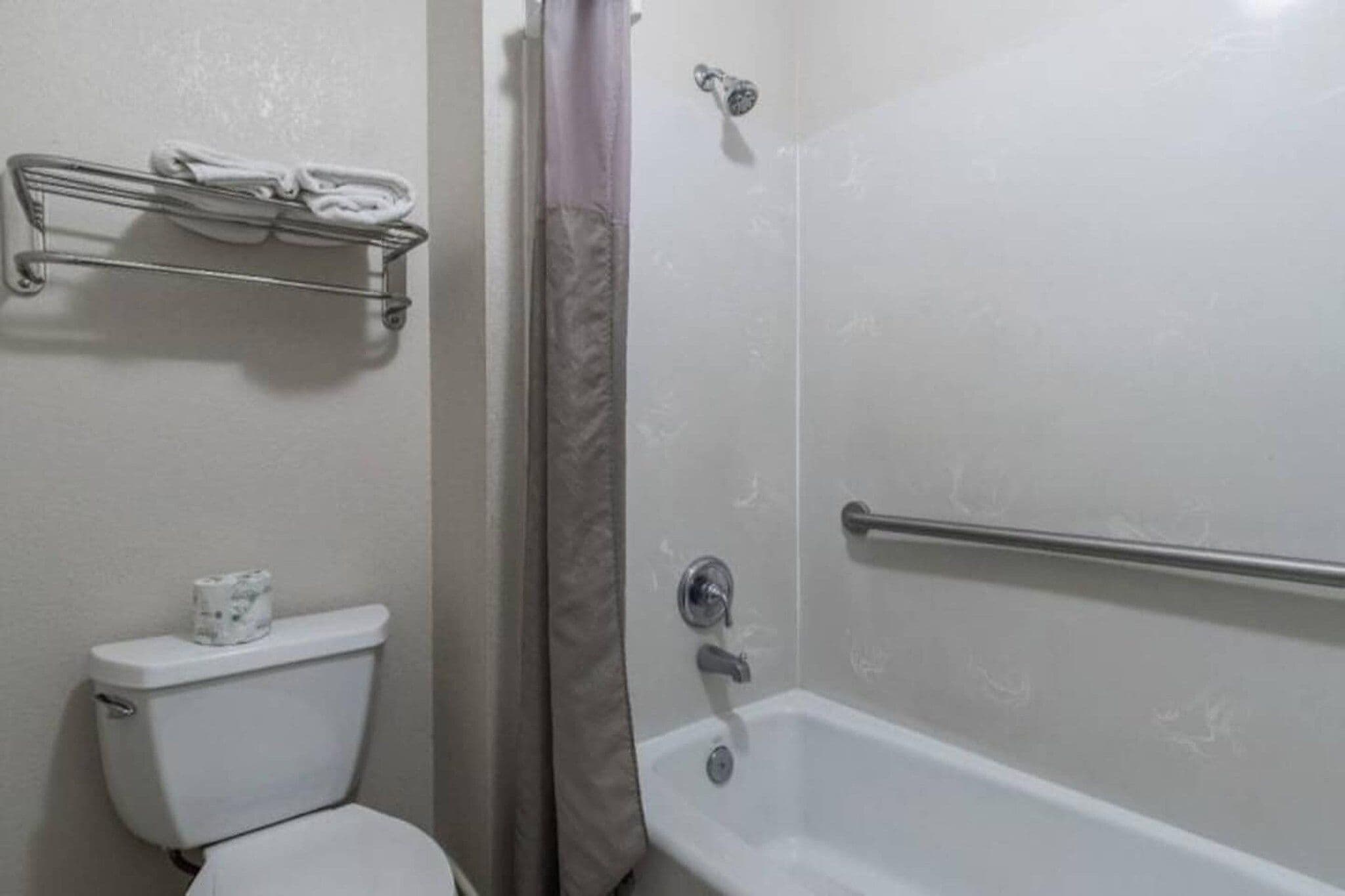 Een badkamer met toilet, douche met een greep en een handdoekhouder.