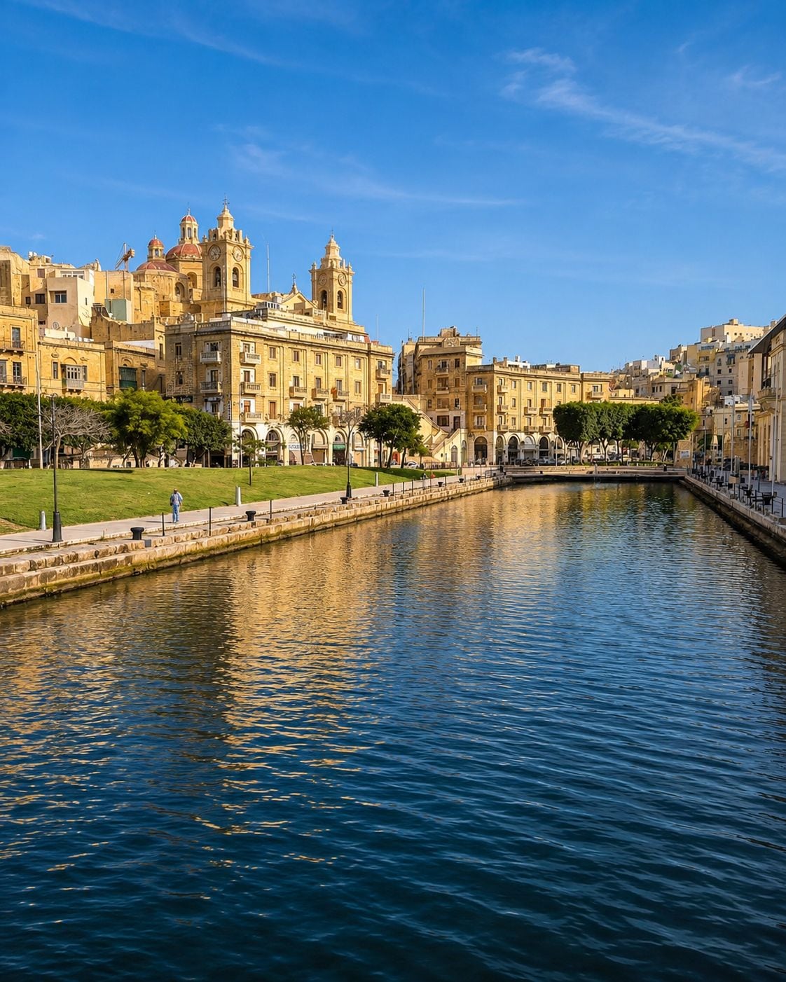 Paesaggio urbano con edifici storici, un fiume calmo e un cielo sereno.