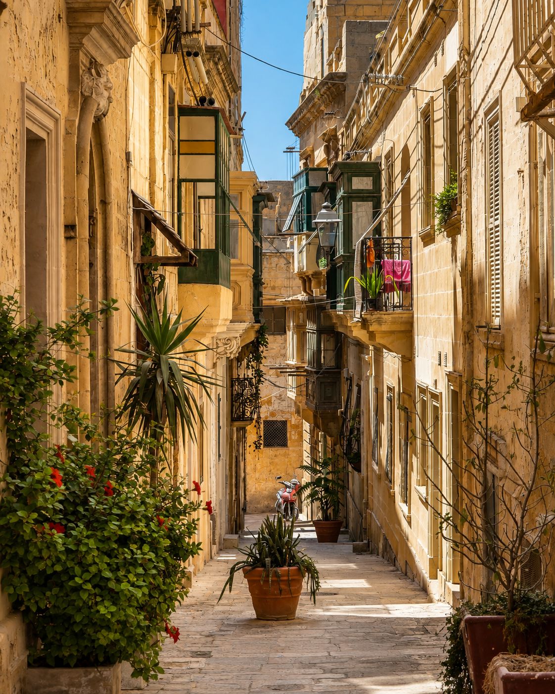A narrow street with buildings on either side, balconies with plants, and a clear sky.
