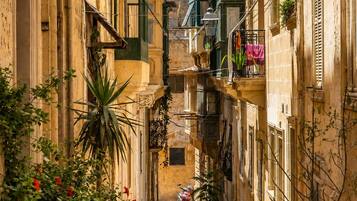 A narrow street with buildings on either side, balconies with plants, and a clear sky.