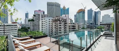 A rooftop pool with lounge chairs, surrounded by high-rise buildings.