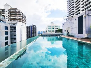A swimming pool with a glass border, surrounded by high-rise buildings.