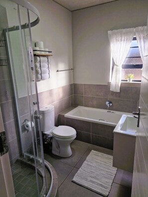 Ein Badezimmer mit Duschkabine, Toilette, Badewanne und Waschbecken.