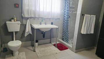 A bathroom with a toilet, sink, shower, and two rugs.