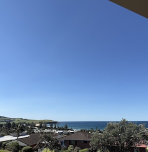 A residential area with houses, a clear blue sky, and a view of the ocean.