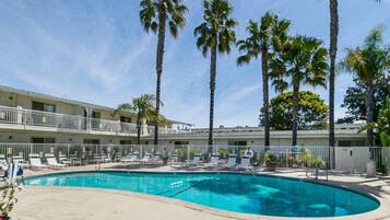 Une piscine avec des chaises longues, des palmiers et un immeuble à plusieurs étages doté de balcons.