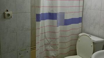 Un baño con inodoro, cortina de ducha con diseño de bandera y paredes de azulejos.
