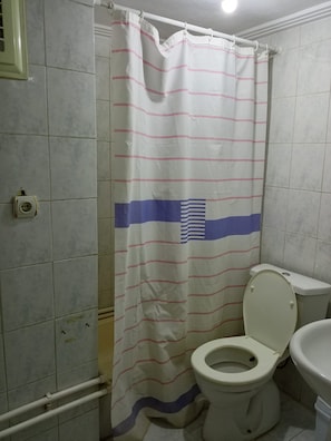 Ein Badezimmer mit Toilette, einer Duschkabine mit Flaggenmuster und gefliesten Wänden.