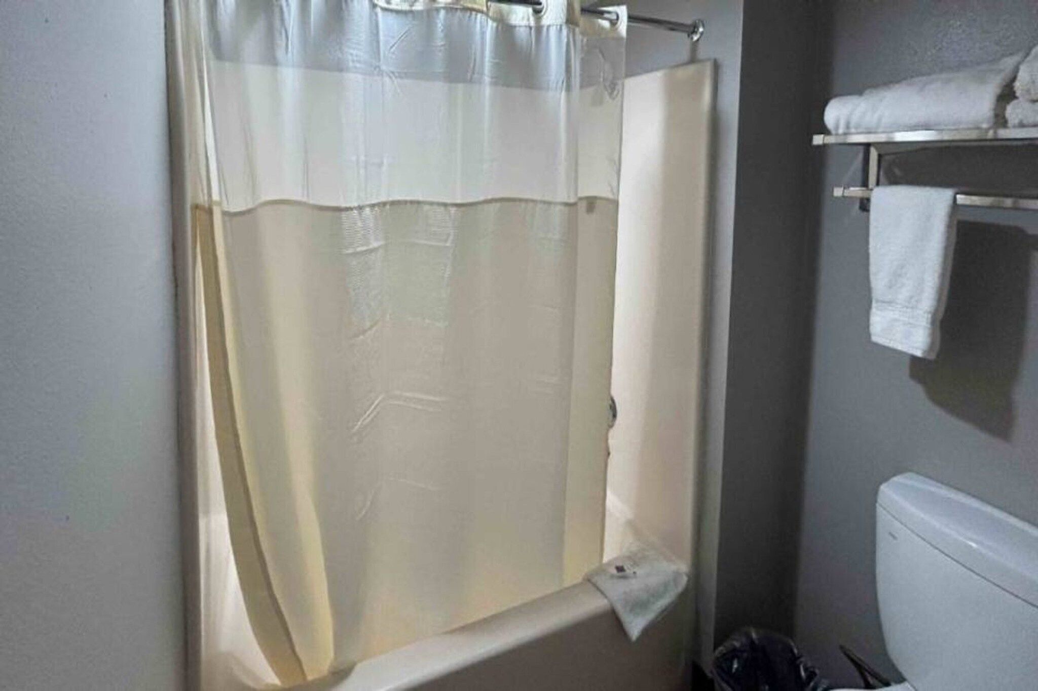 A bathroom with a shower curtain, a towel rack with a towel, and a toilet.