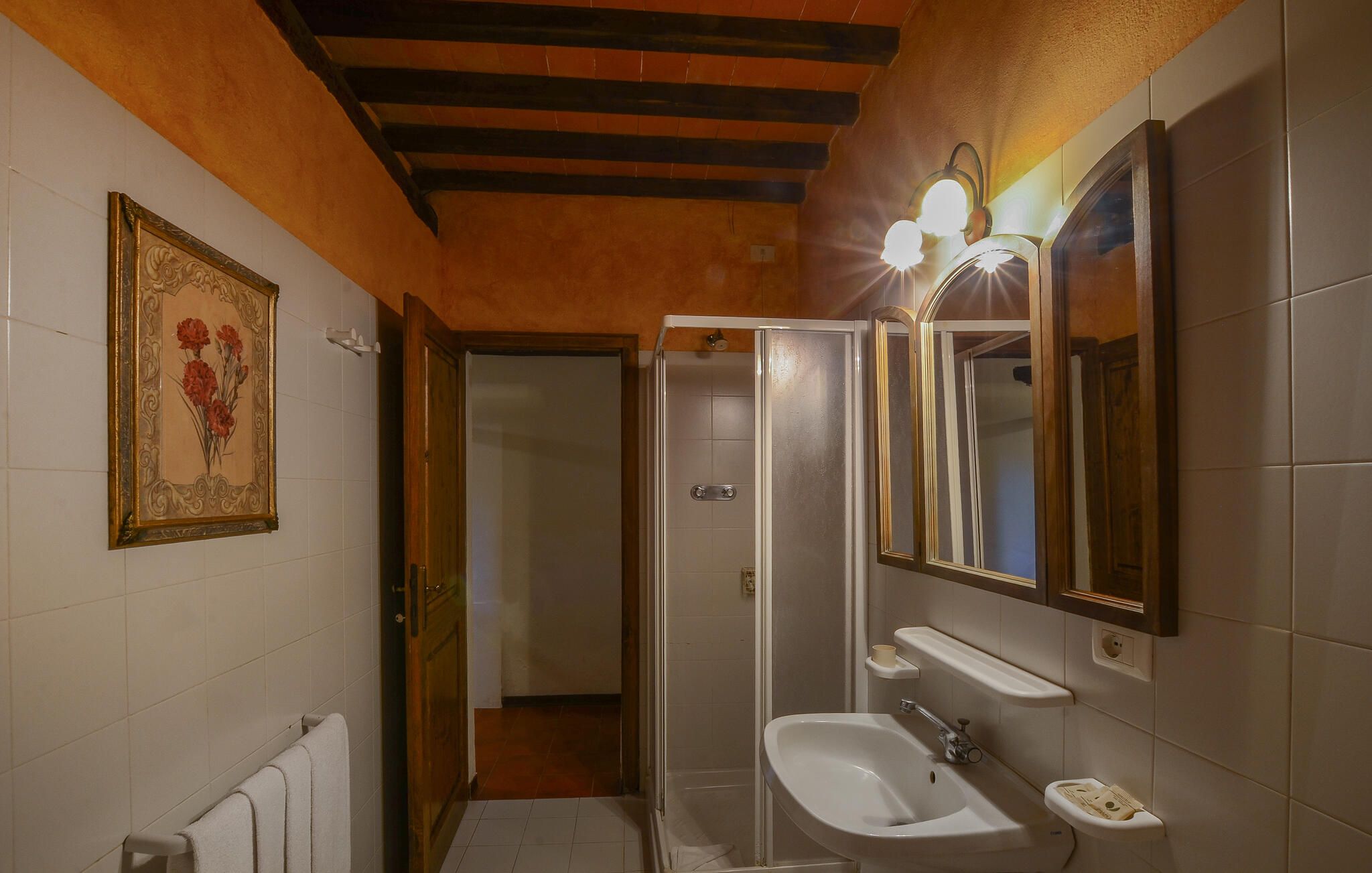 Ein Badezimmer mit Dusche, Waschbecken und Spiegeln.