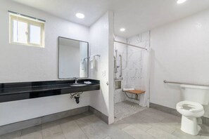 Un bany amb dutxa, vàter i rentamans.