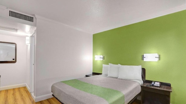 Habitación de hotel con cama, mesita de noche y una pared verde decorativa.