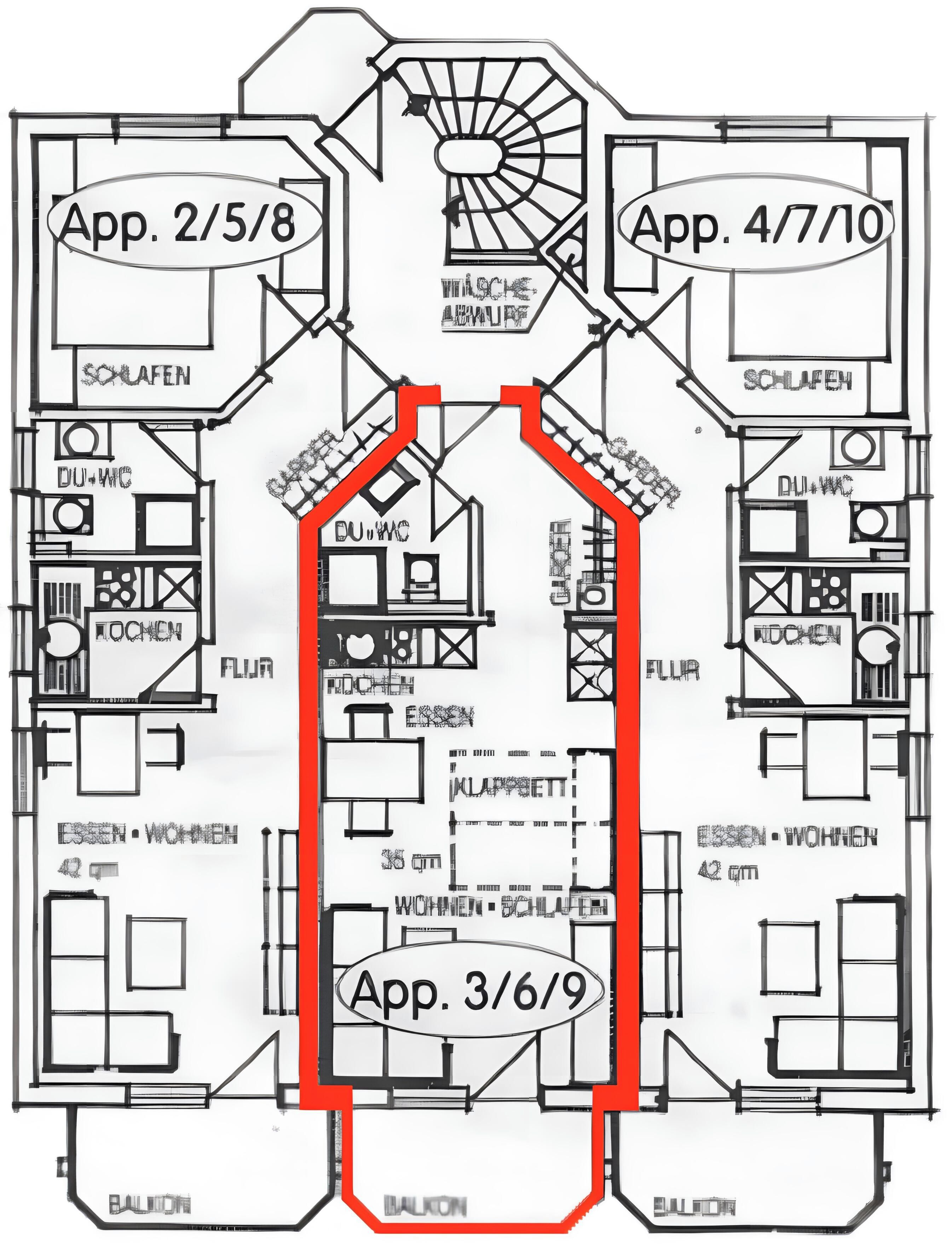 Ein Grundriss mit drei Wohnungen, gekennzeichnet mit App. 2/5/8, App. 4/7/10 und App. 3/6/9. Jede Wohnung hat beschriftete Räume wie SCHLAFEN, DU+WKC und KOHEN.