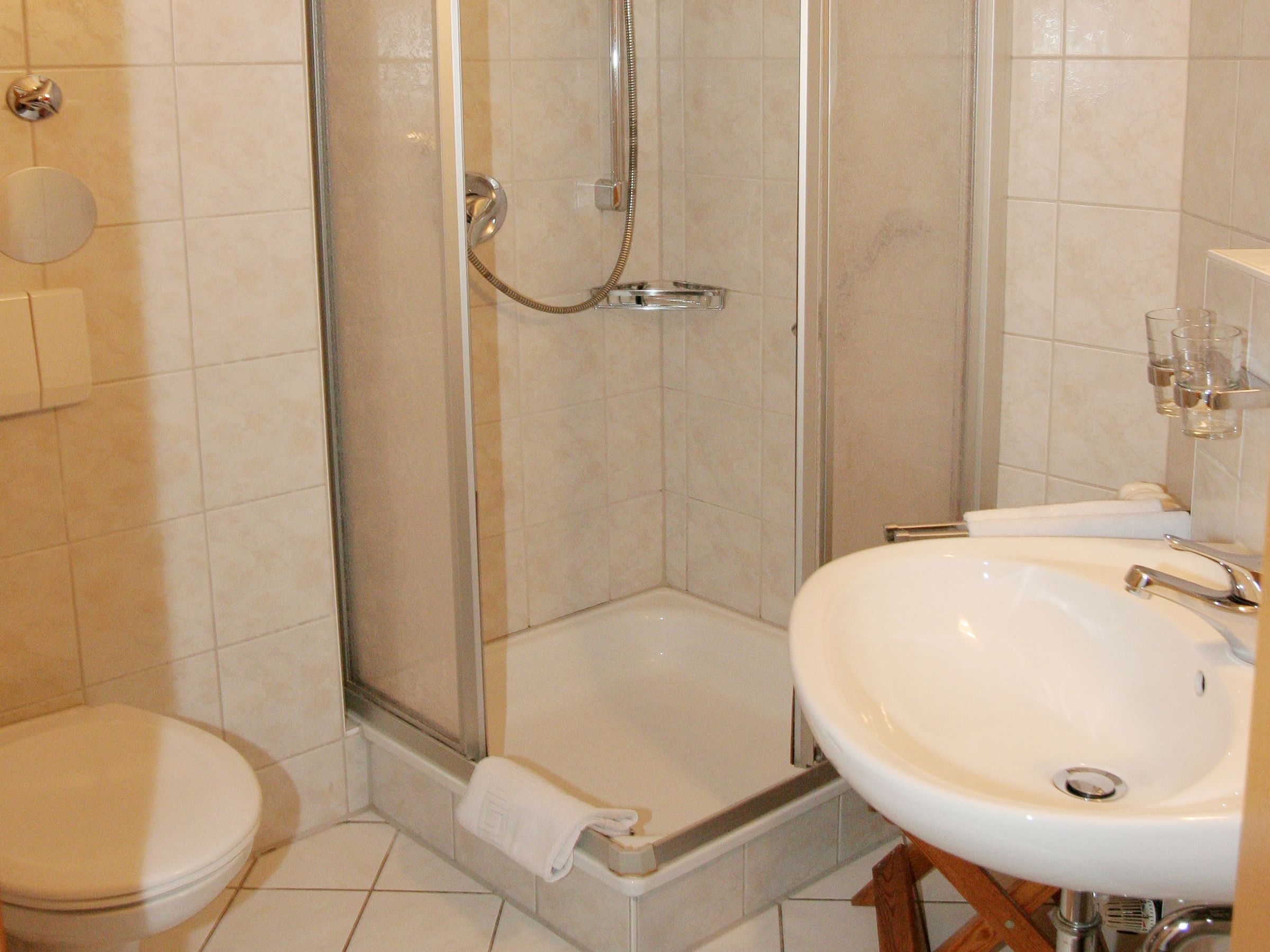Een badkamer met een toilet, een douche met glazen deur en een wastafel.