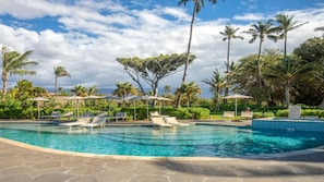 Piscina con sillas de descanso y sombrillas, rodeada de palmeras y vegetación.