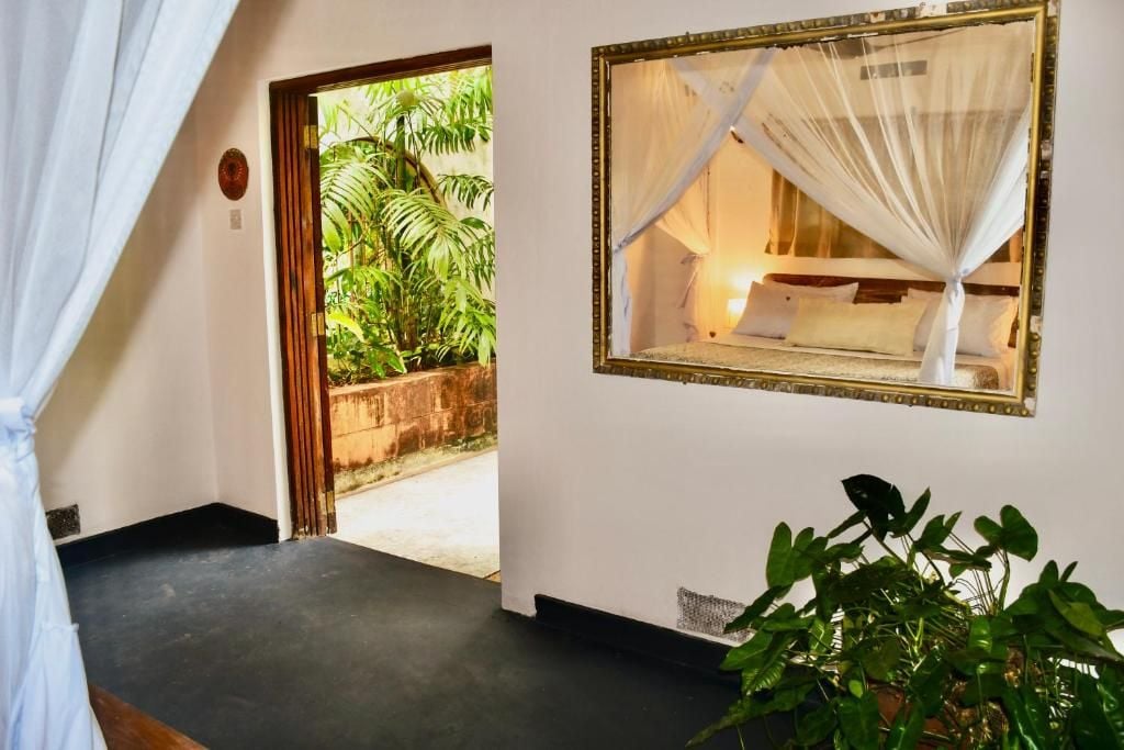 Une pièce avec un lit, une fenêtre donnant sur un espace verdoyant, une plante en pot et une porte menant à l’extérieur.