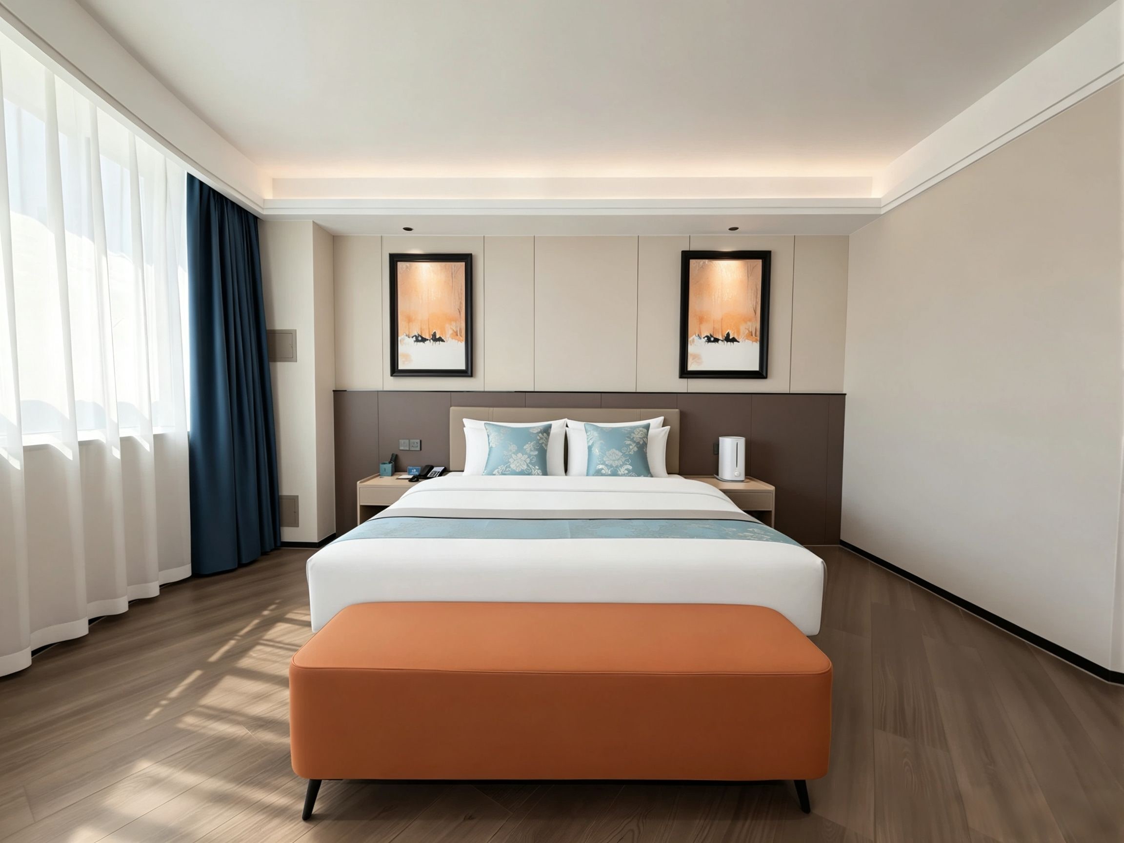 A hotel room with a large bed, a bedside table, a nightstand, a lamp, and a window with curtains.