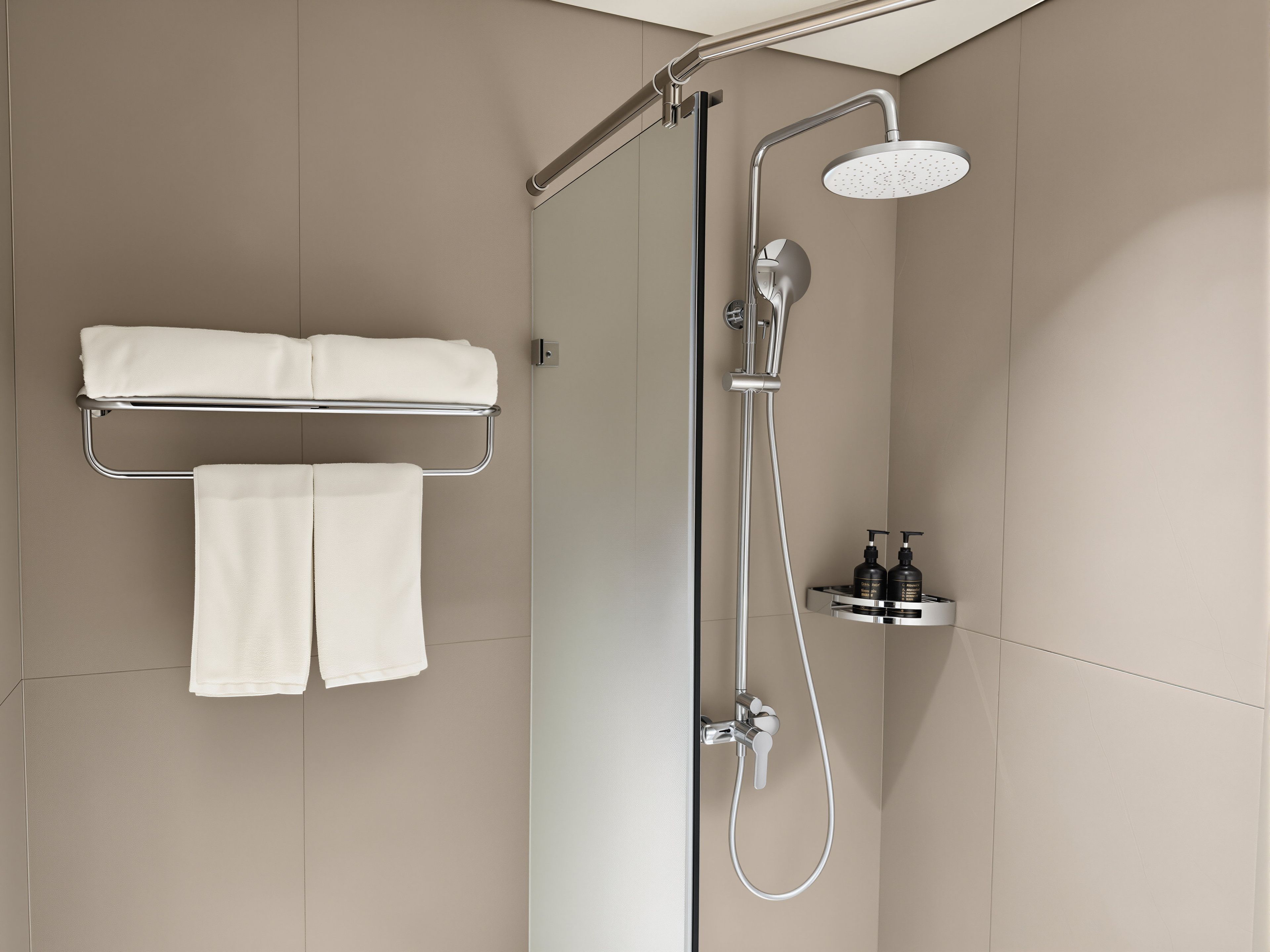 A modern shower with a handheld showerhead and a wall-mounted faucet.