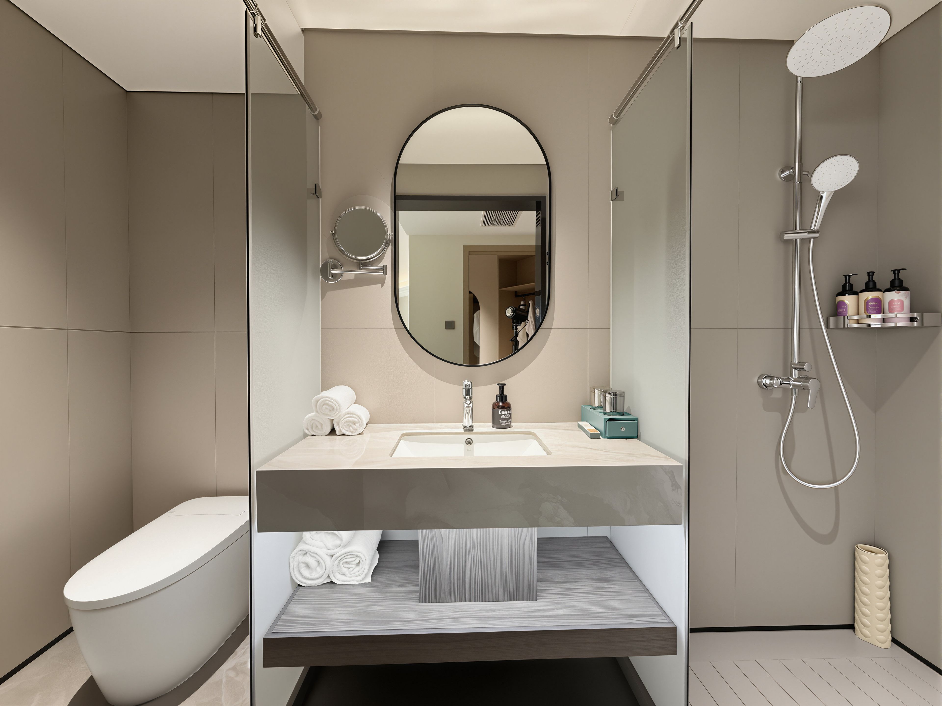 A modern bathroom with a toilet, a sink with a mirror, and a shower.