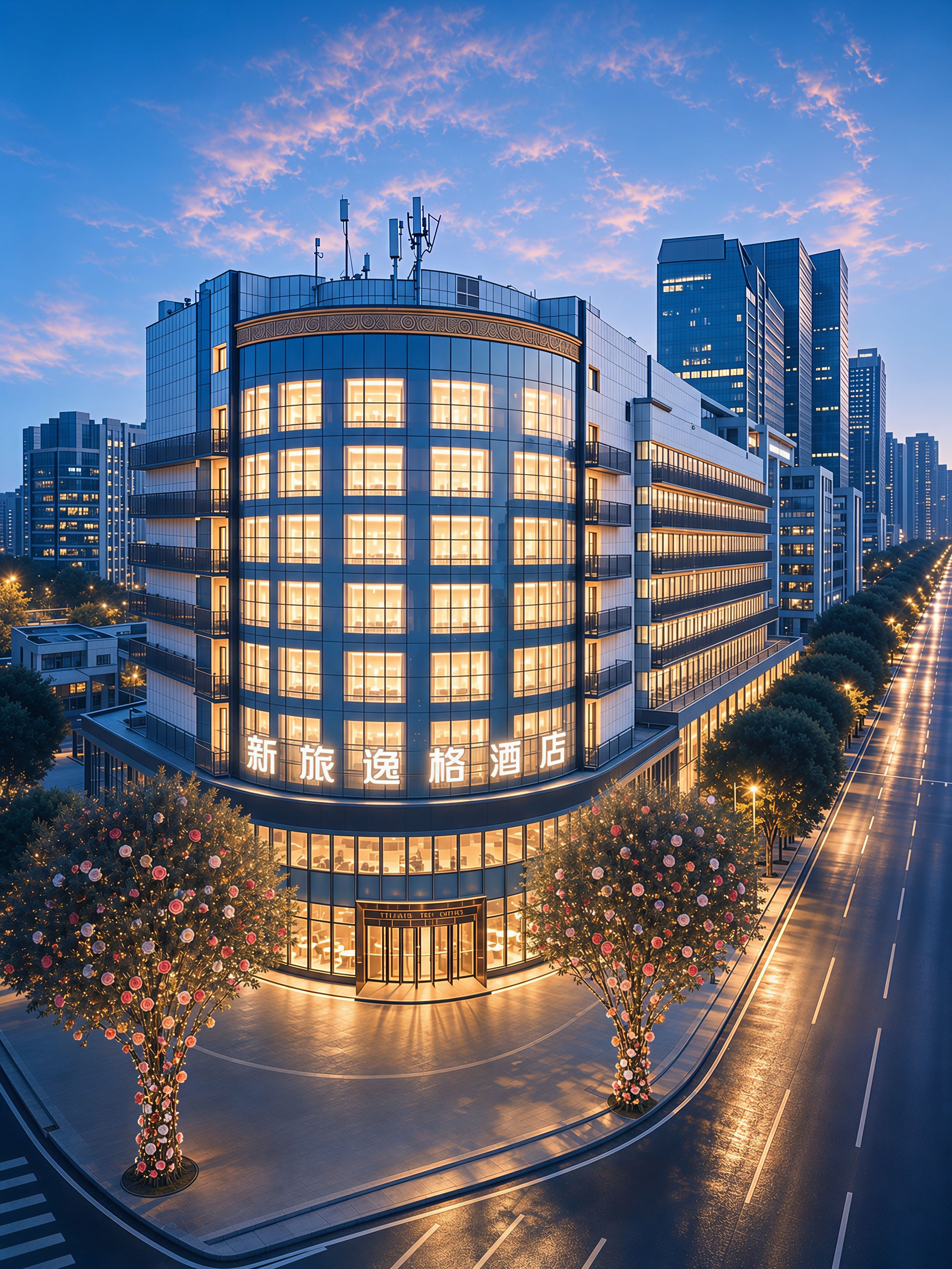 A modern hotel with a curved facade, multiple floors, and illuminated windows.
