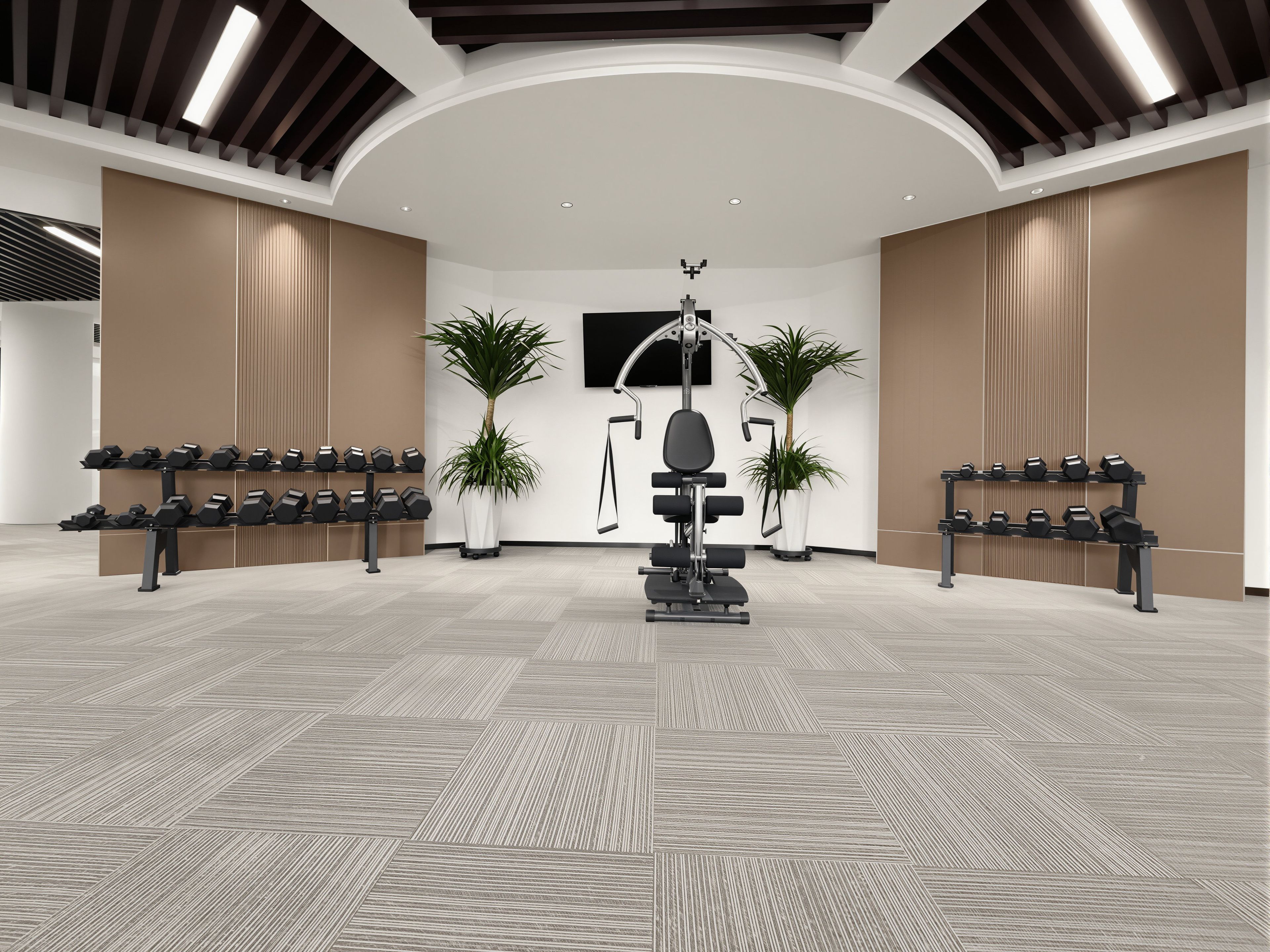 A modern gym with exercise equipment, dumbbells, and potted plants.
