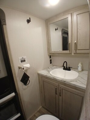 A bathroom with a white sink, a mirror above it, and a toilet. - Luxury King beds Full Kitchen 5 min from Smoky Mountains 2 storys (Cosby)