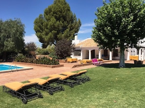 A backyard with a swimming pool, lounge chairs, and a covered patio area. - Beautiful country house for rent on a 10,000-meter property, with a pool and gardens. (Antequera)