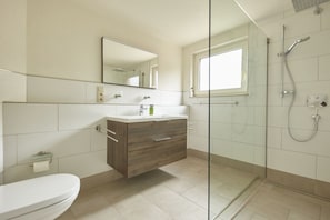 Un bagno moderno con cabina doccia in vetro, un water e un mobile lavabo con specchio.
