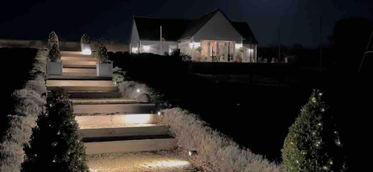 Una casa con una escalera bien iluminada que lleva a la entrada, rodeada de árboles.