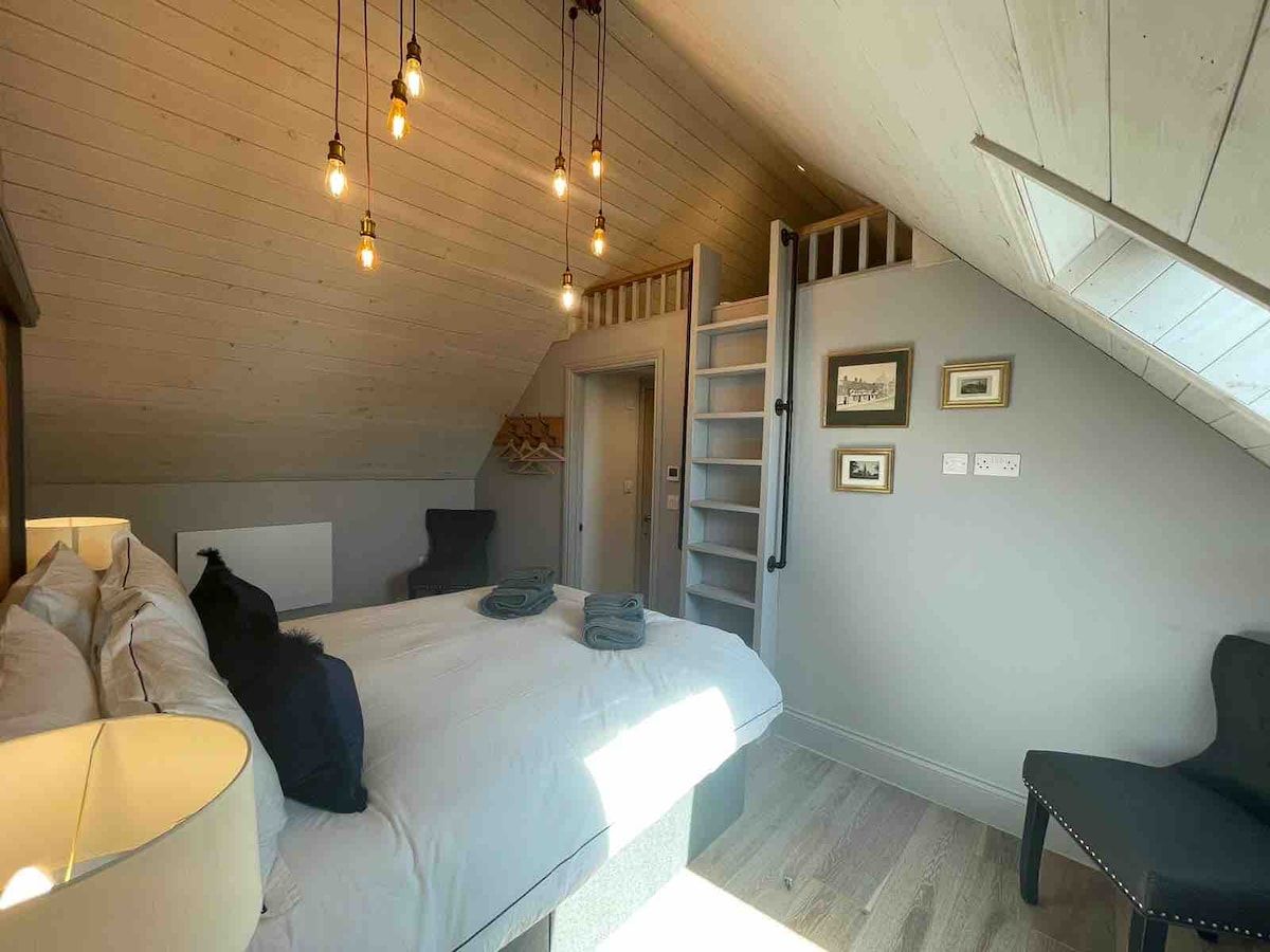 A bedroom with a loft bed, a chair, a desk, and a ladder to the loft.