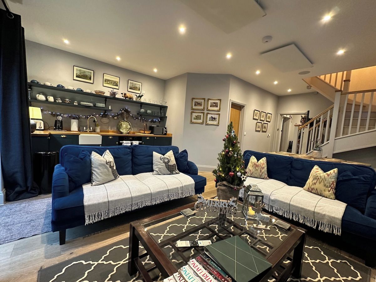 Una sala de estar con dos sofás azules, una mesita de centro, un pequeño árbol de Navidad y una cocina al fondo.