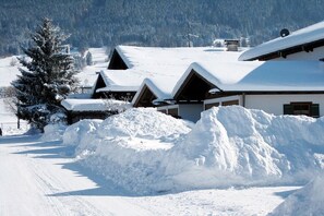 A snow-covered village with traditional chalet-style buildings, a snow-covered road, and a large pile of snow in the foreground. - Holiday apartment with 2 bedrooms (Halblech)
