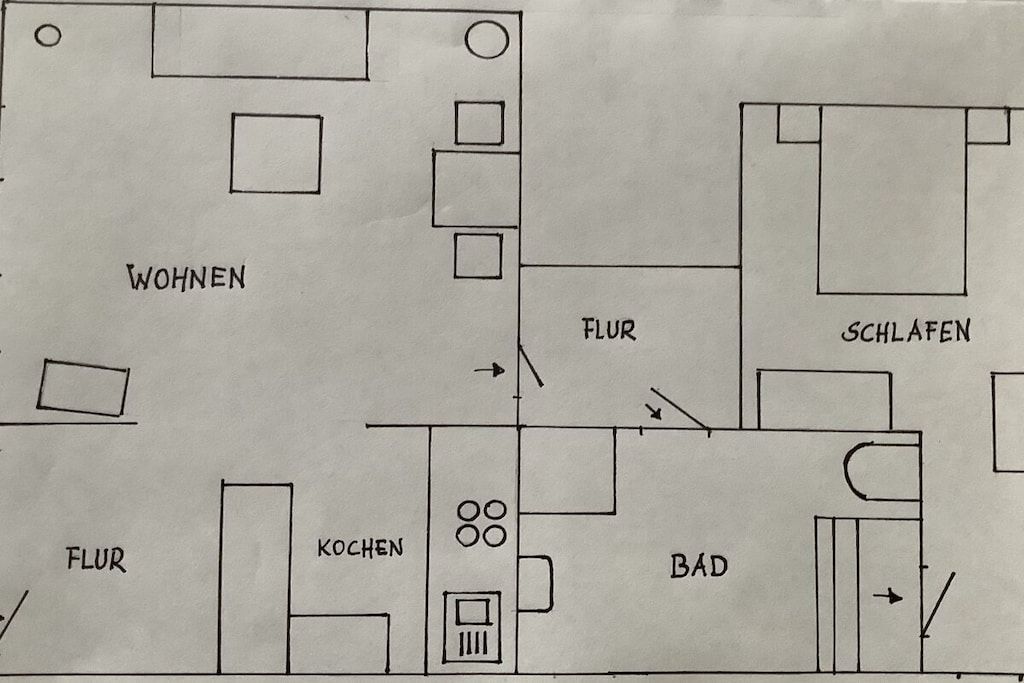 A floor plan with labeled rooms including a kitchen, bathroom, and living area.