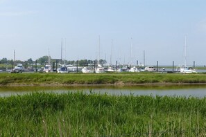 A marina with boats docked along the water's edge, surrounded by grassy areas. - Holiday home with 2 bedrooms (Butjadingen)
