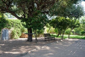 A park with a bench, a tree, and a gravel path. - Casa Nina Authentic Corsica house (Porto Vecchio)